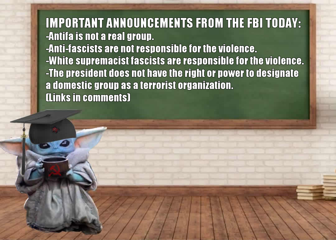 The meme is a humorous image of Baby Yoda (from the Star Wars series) wearing a graduation cap and holding a cup of coffee. The text above the image reads: "Important announcements from the FBI today: ...". The list of announcements is a satirical commentary on current events, with each point being a tongue-in-cheek reference to a real-world issue or controversy, such as the FBI's role in investigating the January 6 US Capitol attack, the FBI's response to the "Insurrection Act" of 2021, and the FBI's investigation into the January 6 attack on the US Capitol.